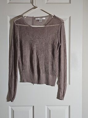 Max Studio Open Knit Crothet Top Long Sleeve Lightweight Mauve Sweater Size L